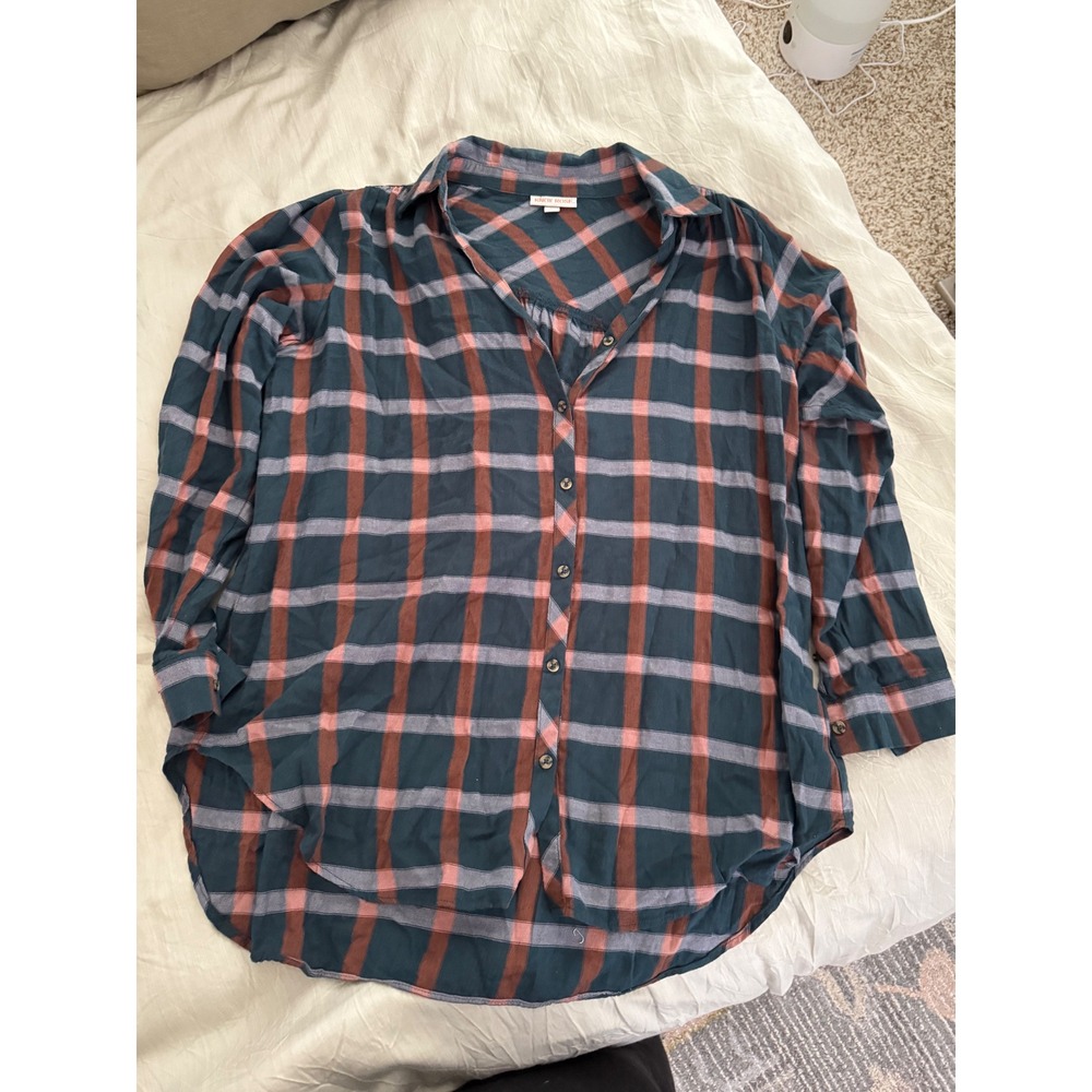 Knox Rose Plaid Button Down Shirt Tunic Teal Brown‎ Pink Relaxed Fit XL